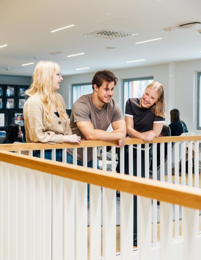 Kolme opiskelijaa nojaa porraskaiteeseen
