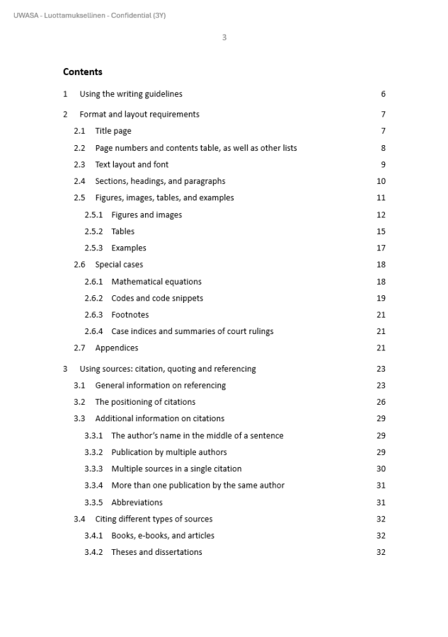 Page numbers and table of contents 1