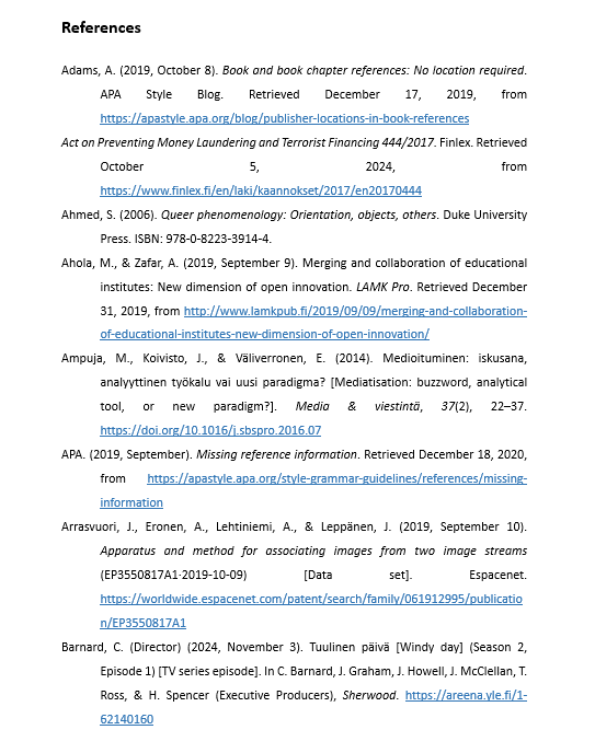Writing guidelines example reference list
