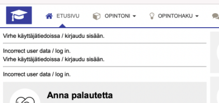Peppi kirjautuminen - virhe käyttäjätiedoissa