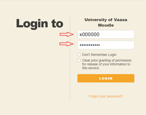Kuva login.uwasa.fi-sivustosta: Käyttäjätunnus ja salasana