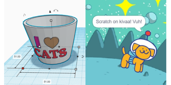 Koirahahmo Scratch-ohjelmointiympäristössä ja 3D-mallinnettu kuppi