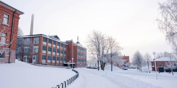 Talvinen maisema Vaasan yliopiston kampukselta. Punatiiliset rakennukset, lumiset tiet ja puut luovat rauhallisen tunnelman. Etualalla pyörätelineitä ja taustalla vanha tehdasrakennus.