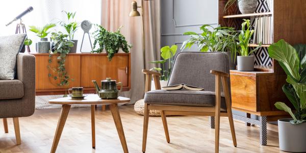 Olohuone, jossa on puisia huonekaluja ja harmaa nojatuoli