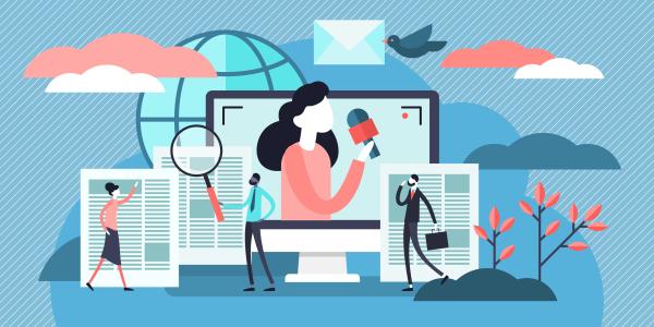 Animoitu kuva, jossa nainen mikrofoni kädessä ja taustalla mediaa kuvastavia symboleita