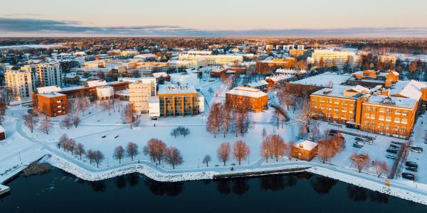 Vaasan yliopiston kampuksen ilmakuva mereltä päin otettuna talvella