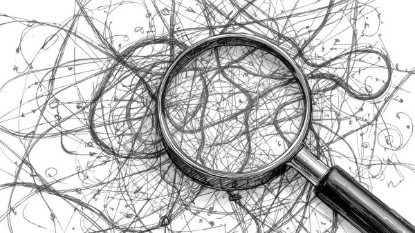 A magnifying glass over a tangled web of ideas