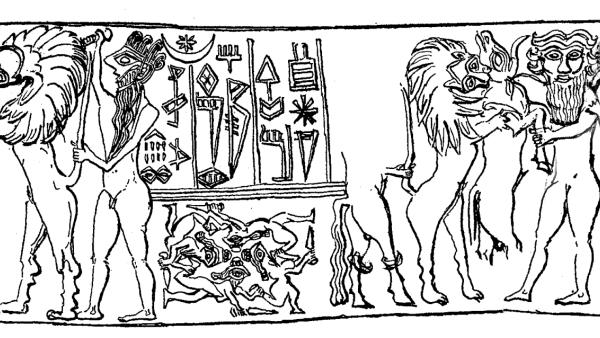 Noin 2600-luvulle eaa. ajoitettu sinettipainos, joka kuvaa Gilgameshia, jota leijona puree olkapäähän, Enkidua (pitkäpartainen tikari kädessä) ja sonnia (lähde: Wikipedia)
