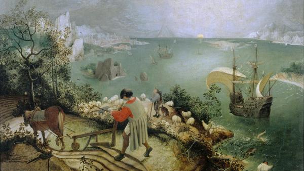 Pieter Brueghel (1525-1569): Maisema, jossa Ikaros putoaa (1558)