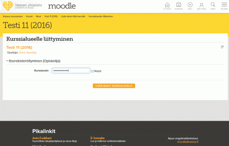 Kuva kurssiavaimen syöttämisestä kurssialustalle pääsemiseksi.