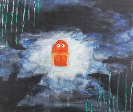 Orange anxious figure in the middle of a cloud surrounded by a dark forest